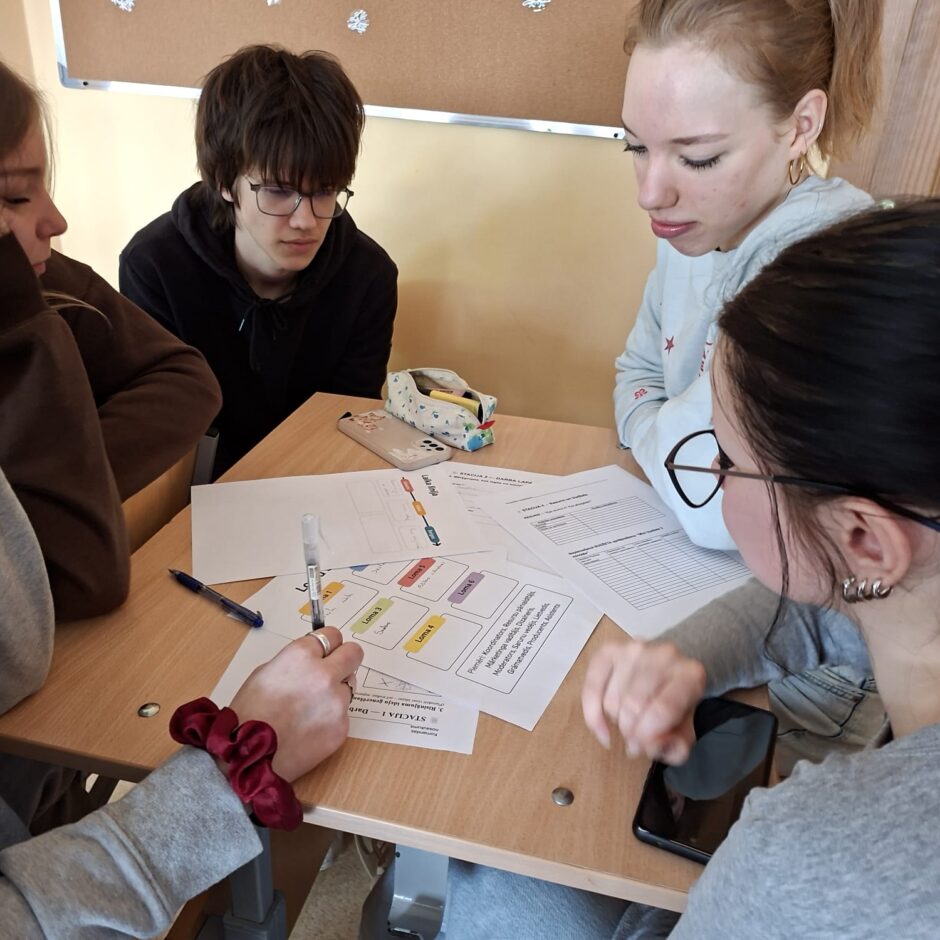 Inovatīvās izglītības attīstības biedrības organizēta nodarbība “Iedarbini pilsonisko ideju”. Oksanas Trofimovas vadībā 11. klašu jaunieši, plānojot, iesaistoties risinājumu meklēšanā, prezentējot veikumu un diskutējot, mācījās idejas pārvērst sabiedriskā iniciatīvā.