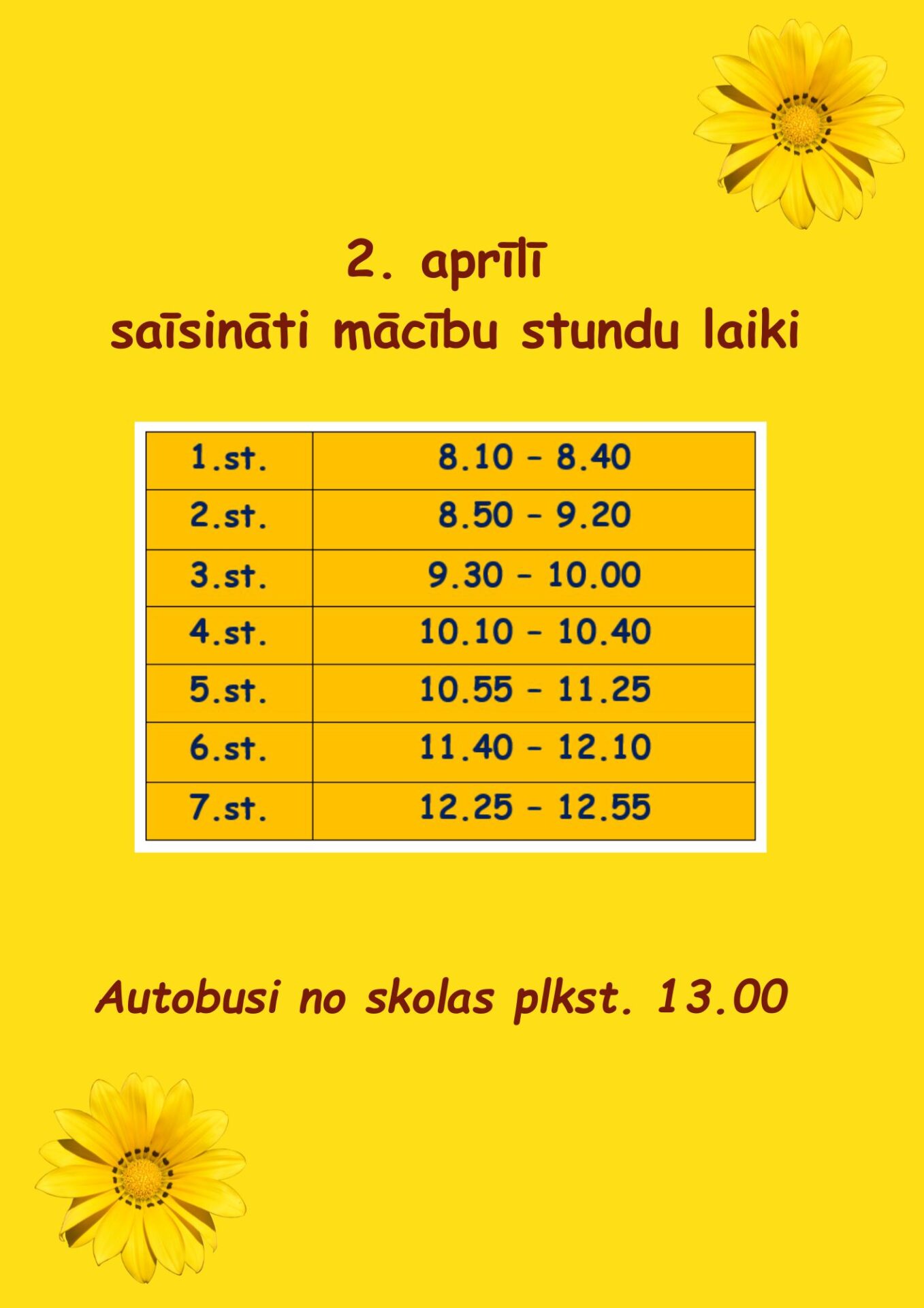2. aprīlī saīsināti mācību stundu laiki